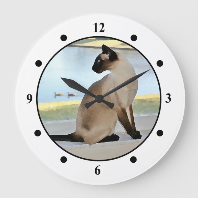 Peaceful Siamese Cat Painting Large Clock (Front)