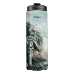 Peaceful Silver Buddha with Monogram Name Thermal Tumbler