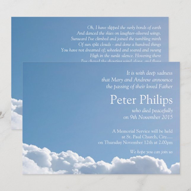 Peaceful Sky 2 with poem Funeral Announcement (Front/Back)