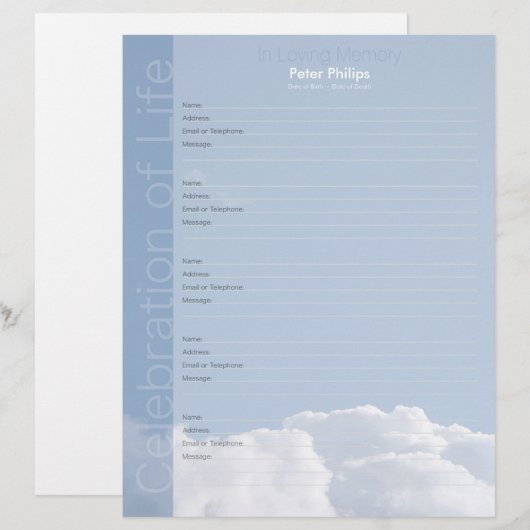 Peaceful Sky Clouds Memorial Book Filler Page (Front/Back)