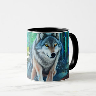 Peaceful sleep mantra with grey wolf in forest Mug