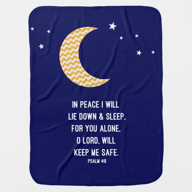 Peaceful Sleep, Navy & Chevron Gold Glitter Moon Receiving Blanket (Front)