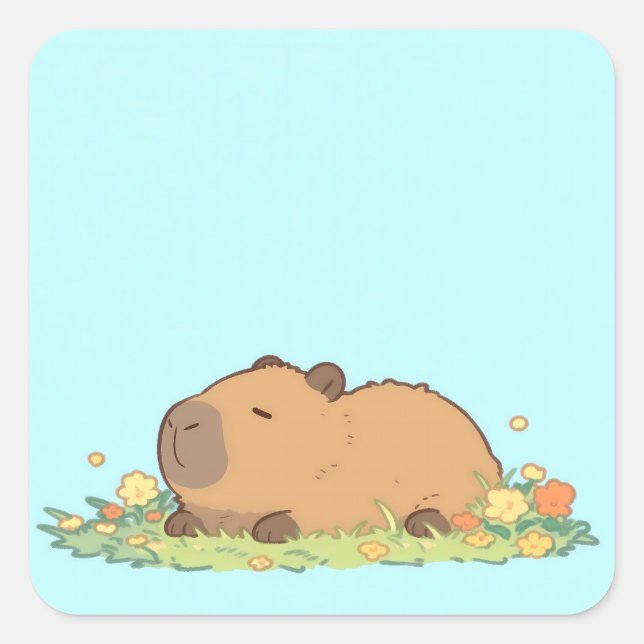 Peaceful Sleeping Capybara in Flower Meadow Square Sticker (Front)
