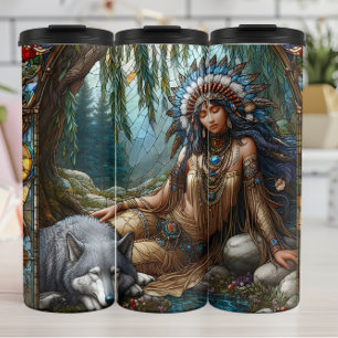 Peaceful Slumber, Wolf Guardian, Forest Nook. Thermal Tumbler