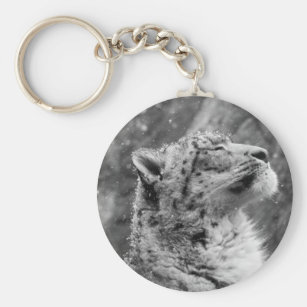 Snow Leopard on Ledge Chrome Plated Metal Heart Leather Tassel Keychain
