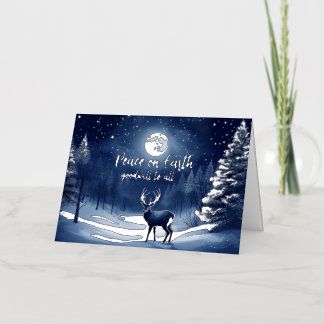 Peaceful Snow Winter Forest Full Moon and Buck Foil Greeting Card