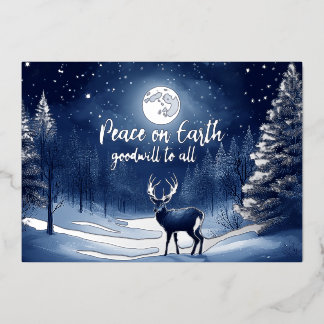 Peaceful Snow Winter Forest Full Moon and Buck Foil Holiday Card