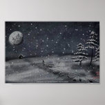 peaceful snowy night chalkboard scene poster<br><div class="desc">A little winter scene I sketched up on my phone’s chalkboard app. A solitary figure hikes uphill through the night trailing a sled past snow covered evergreen trees. Off in the distance a cabin becons of love and warmth and home below the wintry moon as the snow flurries fall peacefully....</div>
