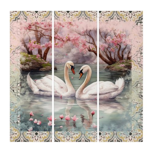 Peaceful Swans on Lake Scene Triptych