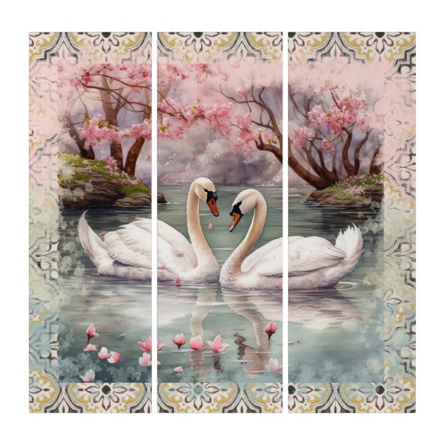 Peaceful Swans on Lake Scene Triptych (Front)