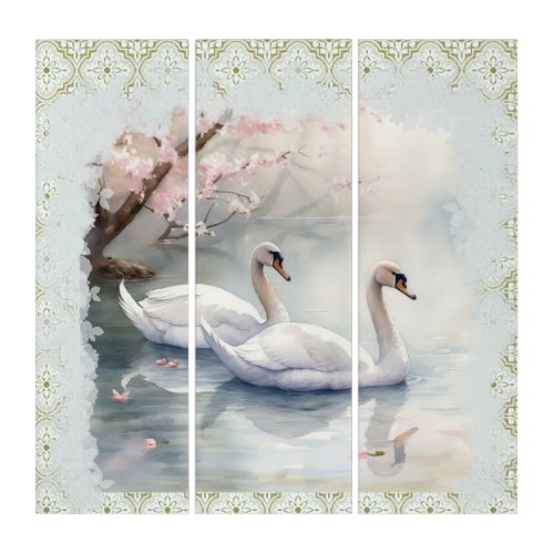 Peaceful Swans on Lake Scene Triptych 2