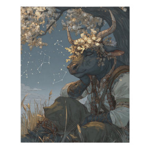 Peaceful Taurus Bull Floral Night Art Faux Canvas Print