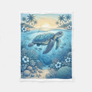 Peaceful Underwater Sea Turtle With Coral Reef Fle Fleece Blanket