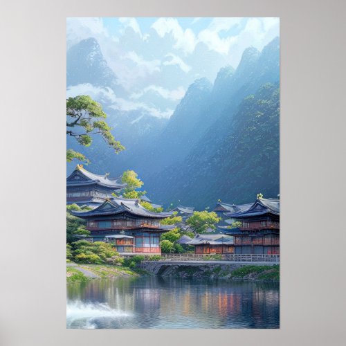 Peaceful Village on the Riverbank Poster