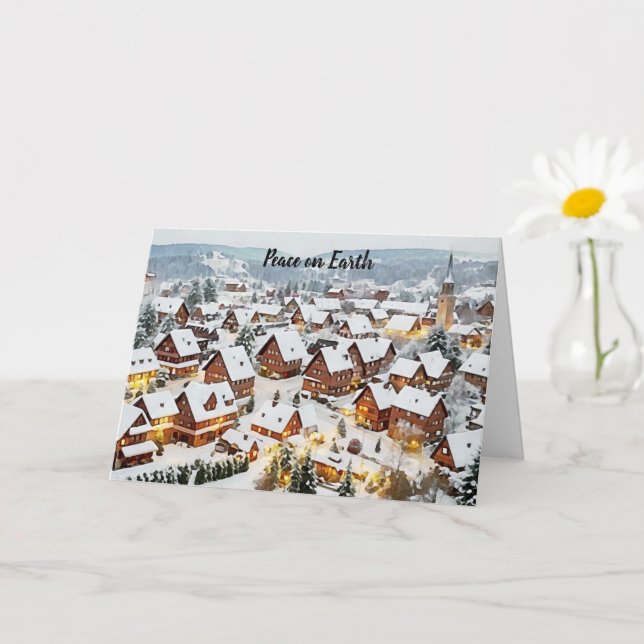 Peaceful Village Snow Scene Peace on Earth Holiday Card (Small Plant)