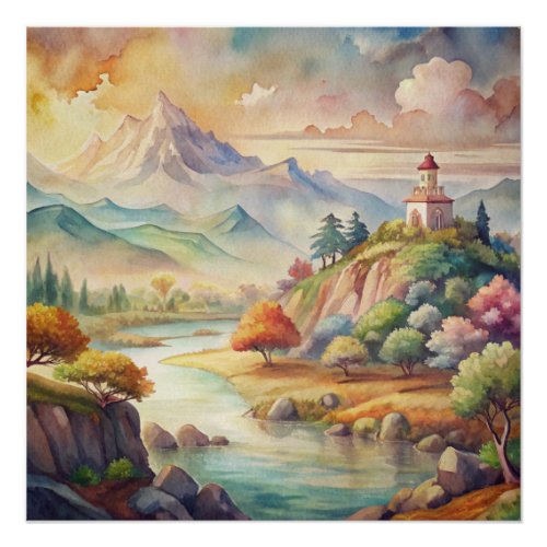 Peaceful Watercolor Mountain River Scene  Poster