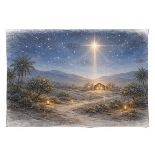 Peaceful Watercolor Nativity Star Over Bethlehem Cloth Placemat