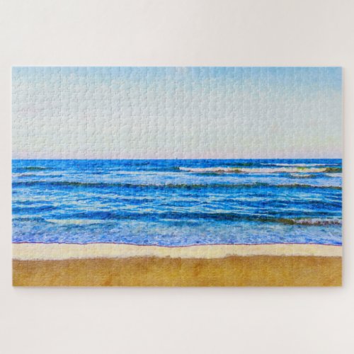 Peaceful Watercolor Style Blue Ocean  Sandy Beach Jigsaw Puzzle