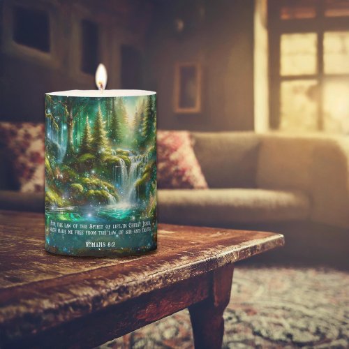 Peaceful Waterfalls Scripture Verse Romans 82 Pillar Candle