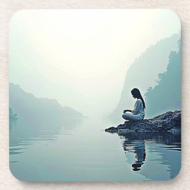 Peaceful Waterside Meditation Design Beverage Coaster (Front)