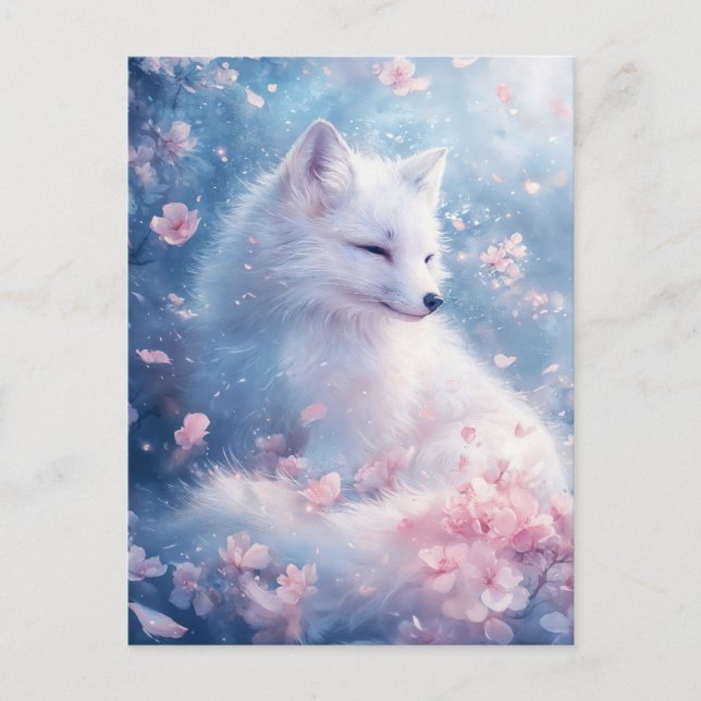 Peaceful White Fox in Cherry Blossom Garden Postcard (Front)