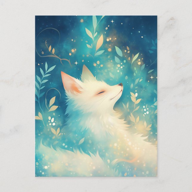 Peaceful White Fox in Glowing Teal Garden Postcard (Front)