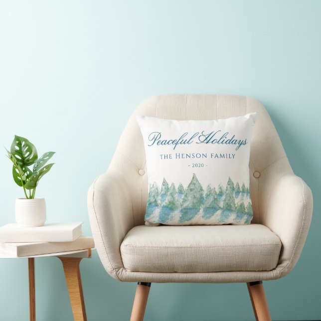 Peaceful Winter Forest Watercolor Christmas Throw Pillow (Chair)