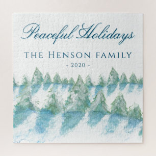 Peaceful Winter Forest Watercolor Family Christmas Jigsaw Puzzle