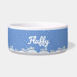 Peaceful winter forest with snow and snowflakes bowl<br><div class="desc">Customizable peaceful winter forest with snow and snowflake, lovely landscape scenery in winter time for happy winter days of your pet. Personalize the bowl with your pet's name. Cute serene winter wonderland, with a blanket of pristine white snow covering the ground and forest. Gentle hills rise and fall, their slopes...</div>