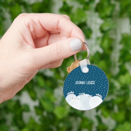 Peaceful winter forest with snow and snowflakes keychain