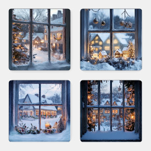 PEACEFUL WINTER HOLIDAY WINDOW SCENE COASTER SET