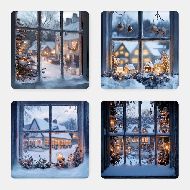 PEACEFUL WINTER HOLIDAY WINDOW SCENE COASTER SET (Set)