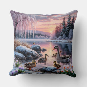 Peaceful Winter Lake Scene with Ducks Throw Pillow