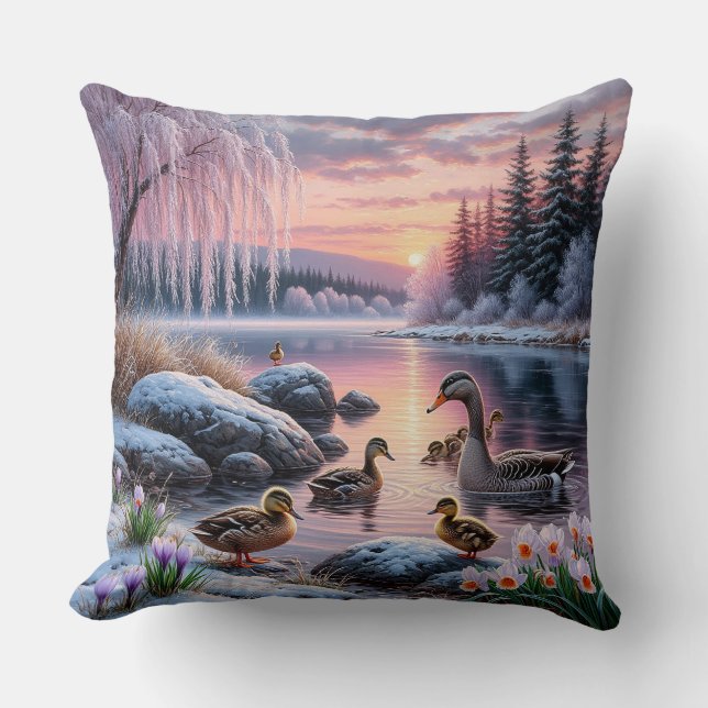 Peaceful Winter Lake Scene with Ducks Throw Pillow (Front)