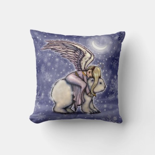 Peaceful Winter Night Angel and Polar Bear Art Throw Pillow