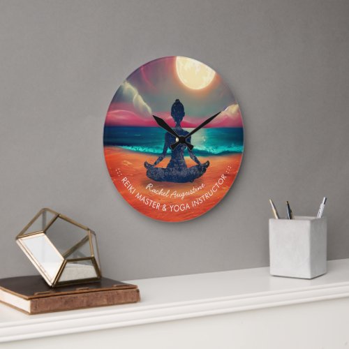 Peaceful Yoga Meditation Moonlight Sky Ocean Beach Large Clock