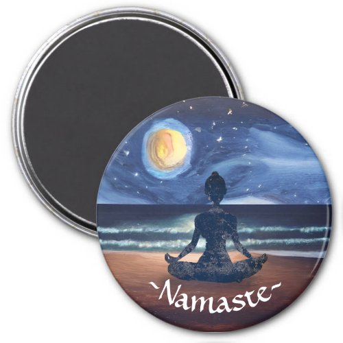 Peaceful Yoga Meditation Moonlight Sky Ocean Beach Magnet