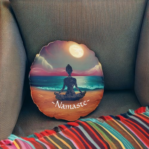 Peaceful Yoga Meditation Moonlight Sky Ocean Beach Round Pillow