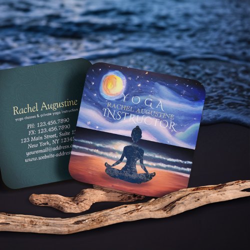 Peaceful Yoga Meditation Moonlight Sky Ocean Beach Square Business Card