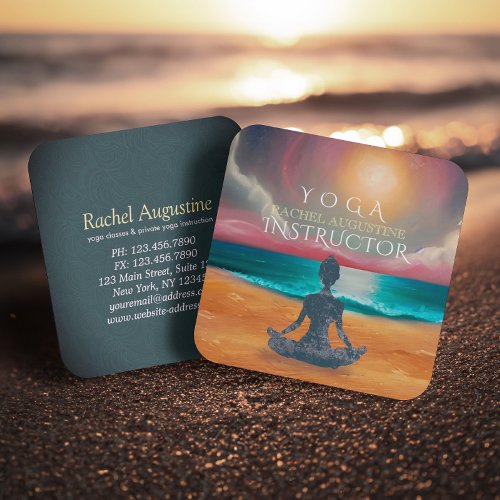 Peaceful Yoga Meditation Moonlight Sky Ocean Beach Square Business Card
