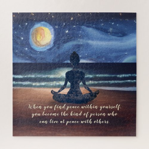 Peaceful Yoga Meditation Moonlight Sky Ocean Quote Jigsaw Puzzle