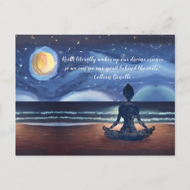 Peaceful Yoga Meditation Moonlight Sky Ocean Quote Postcard (Front)