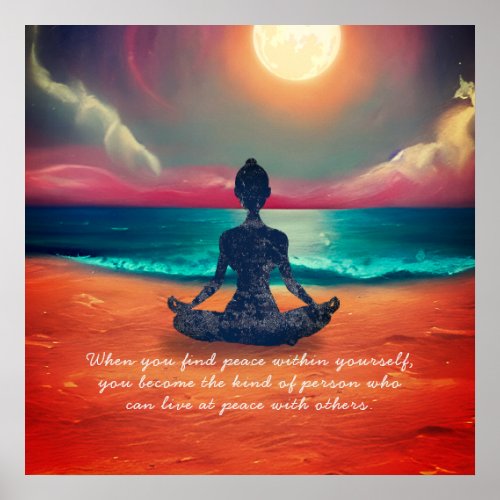 Peaceful Yoga Meditation Moonlight Sky Ocean Quote Poster