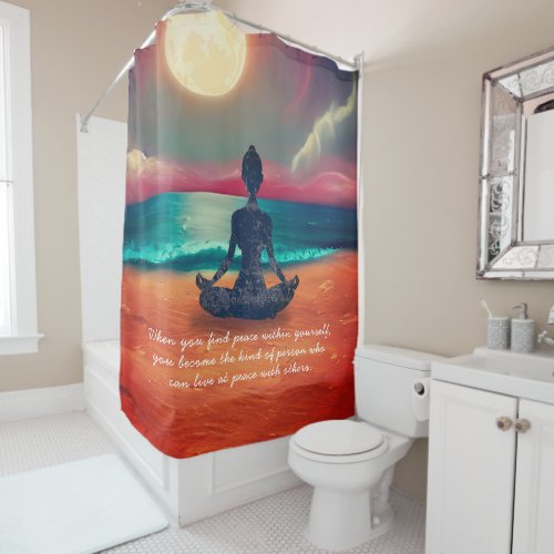 Peaceful Yoga Meditation Moonlight Sky Ocean Quote Shower Curtain