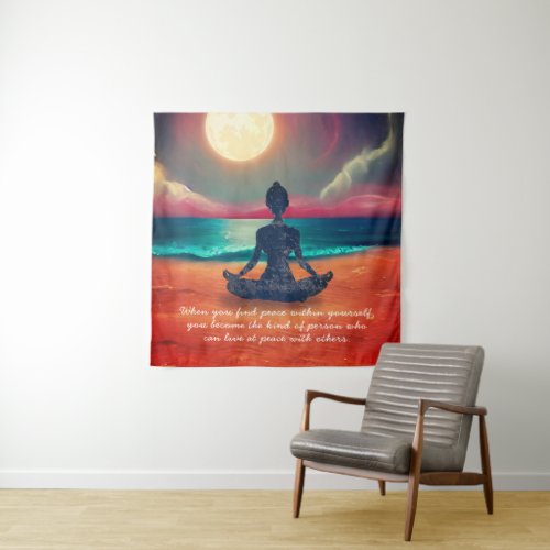 Peaceful Yoga Meditation Moonlight Sky Ocean Quote Tapestry