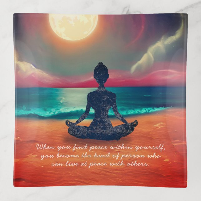 Peaceful Yoga Meditation Moonlight Sky Ocean Quote Trinket Tray (Front)