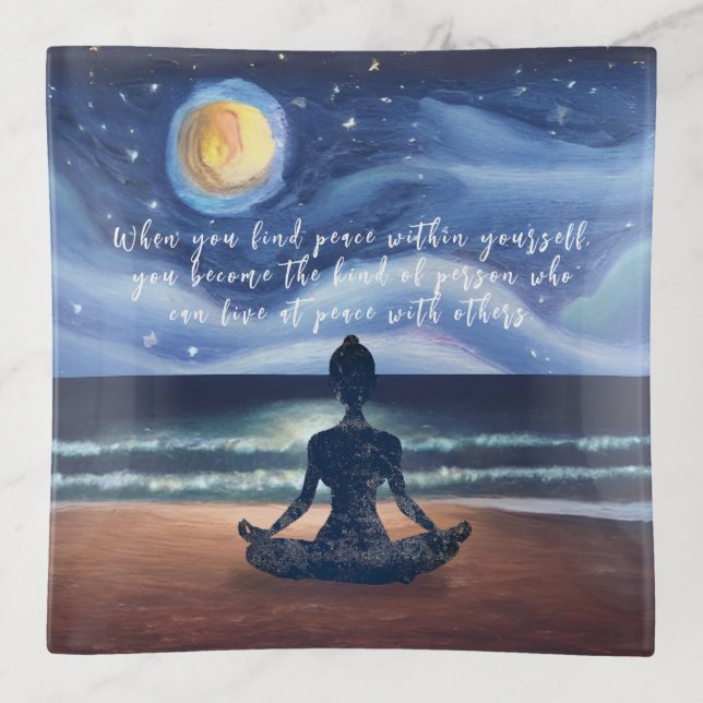 Peaceful Yoga Meditation Moonlight Sky Ocean Quote Trinket Tray (Front)