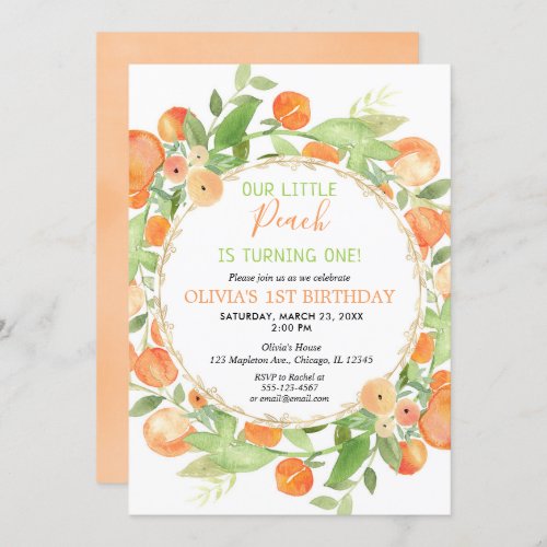 Peach 1st birthday girl invitations peaches theme invitation