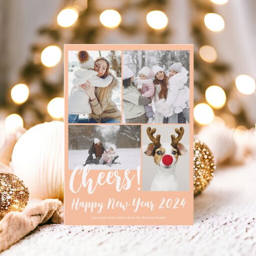 Peach 5 photos cheers Happy new year 2024 Holiday Card