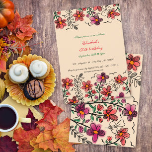 Peach 60th Birthday Spring Unique Doodle Flowers Invitation